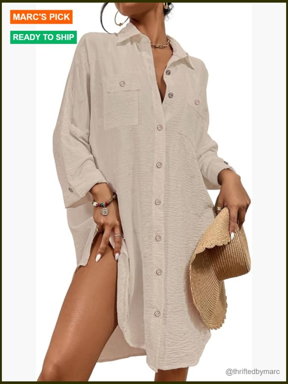 Women's Button Down Swimsuit Cover Up Blouse Dress Shirt Long Sleeve